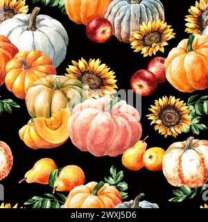 Kürbisernte im Herbst, handgezeichnetes nahtloses Aquarellmuster Stockfoto