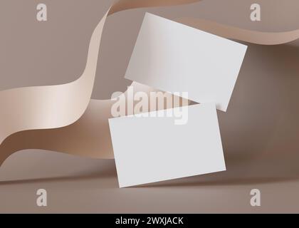 Zwei leere Visitenkarten, die über einem gewellten beigefarbenen Hintergrund schweben, eignen sich perfekt für Designer, um ihre Unternehmensidentität oder ihr Branding zu zeigen. Modell für Visitenkarten Stockfoto