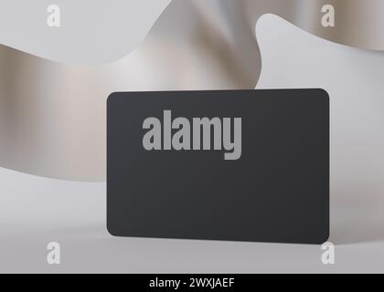 Schwarzes Visitenkartenmockup, das vor einem weichen, welligen weißen Hintergrund schwingt, perfekt für eine saubere und moderne Markendarstellung. Europäische Größe, 3,25 x 2,17 Zoll Stockfoto