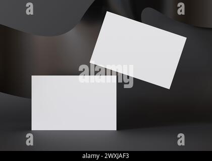 Zwei leere Visitenkarten, die über einem gewellten schwarzen Hintergrund schweben, eignen sich perfekt für Designer, um ihre Unternehmensidentität oder ihr Branding zu zeigen. Modell für Visitenkarten Stockfoto