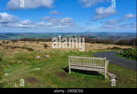 Bank mit Blick auf den Wrekin im Ditton Enclosure auf Abdon Burf, Brown Clee Hill, in der Nähe von Cleobury North, Burwarton, Shropshire Stockfoto