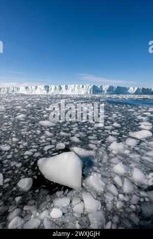 Antarktis, Rossmeer, Victoria Land, Terra Nova Bay. Campbell-Gletscher. Die Bucht ist voller Bergbausteine und grosses Eis von großer Kalbung. Stockfoto