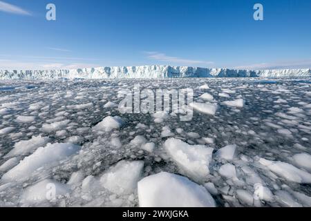 Antarktis, Rossmeer, Victoria Land, Terra Nova Bay. Campbell-Gletscher. Die Bucht ist voller Bergbausteine und grosses Eis von großer Kalbung. Stockfoto