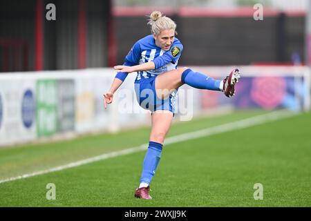 Dagenham, Kent, Großbritannien. Sonntag, den 31. März 2024. Maisie Symonds (18 Brighton) während des Barclays FA Women's Super League-Spiels zwischen West Ham United und Brighton und Hove Albion im Chigwell Construction Stadium, Dagenham am Sonntag, den 31. März 2024. (Foto: Kevin Hodgson | MI News) Credit: MI News & Sport /Alamy Live News Stockfoto