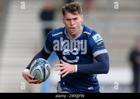 Tom Roebuck von Sale Sharks läuft mit dem Ball während des Gallagher Premiership Matches Sale Sharks vs Exeter Chiefs im Salford Community Stadium, Eccles, Großbritannien, 31. März 2024 (Foto: Steve Flynn/News Images) Stockfoto