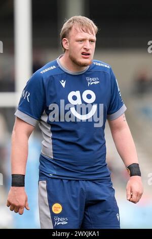 Ben Bamber of Sale Sharks während des Gallagher Premiership Matches Sale Sharks vs Exeter Chiefs im Salford Community Stadium, Eccles, Großbritannien, 31. März 2024 (Foto: Steve Flynn/News Images) Stockfoto