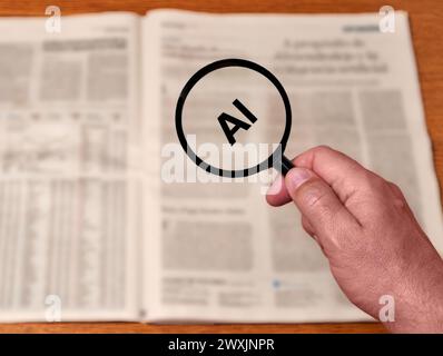 Die Hand hält Lupe über der Zeitung und zeigt „KI“. Stockfoto