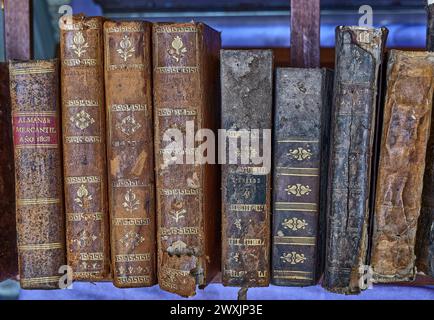 Eine Sammlung alter, abgenutzter Bücher mit komplizierten Mustern auf dem Rücken, ausgestellt auf einem Regal. Stockfoto