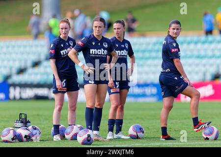 Sydney, Australien. 31. März 2024. Die Spieler des Melbourne Victory wärmen sich am 31. März 2024 im Leichhardt Oval in Sydney, Australien vor dem A-League Women Rd22-Spiel zwischen Sydney FC und Melbourne Victory auf. Credit: IOIO IMAGES/Alamy Live News Stockfoto