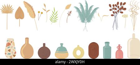 Satz der skandinavischen botanischen Vektorillustration. Handgezeichnete Pflanzen, Blumen und Vasen Stock Vektor