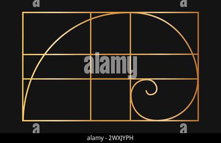 Vorlage „Golden Ratio“. Goldene logarithmische Spirale in rechteckigem Rahmen, geteilt auf Linien. Fibonacci-Sequenzraster. Perfekt symmetrische Proportionen. Natürliche Harmonie grafische Formel. Vektorabbildung. Stock Vektor