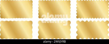 Set aus goldenen rechteckigen Aufklebern mit gewellten Rändern. Metallisch gewellte Formen von Etiketten, Abzeichen, Preisschildern, Coupons, Promocode-Tickets isoliert auf weißem Hintergrund. Realistische Vektordarstellung. Stock Vektor