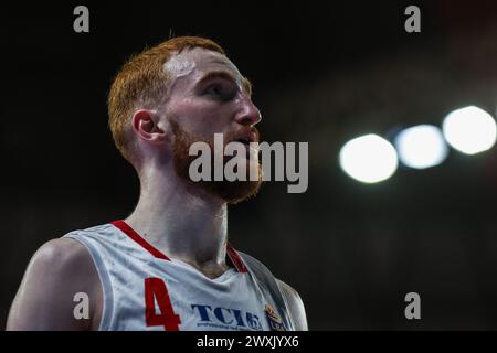 Varese, Italien. 30. März 2024. Niccolo Mannion #4 von Pallacanestro Varese OpenJobMetis wurde während des LBA Lega Basket 2023/24 in der Itelyum Arena zwischen Pallacanestro Varese OpenJobMetis und Germani Brescia gesehen. Endpunktzahl; OJM Varese 92 : 95 Germani Brescia. (Foto: Fabrizio Carabelli/SOPA Images/SIPA USA) Credit: SIPA USA/Alamy Live News Stockfoto