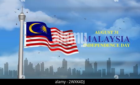 Malaysia Unabhängigkeitstag Banner mit malaysischer Flagge und Silhouette Gebäude Stock Vektor