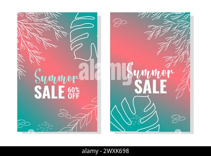 Layoutvorlage für Banner-Coupon im Sommer. Sonderrabatt für die Kollektion im Sommer. Marine Themenpflanzen. Vektorabbildung. Stock Vektor