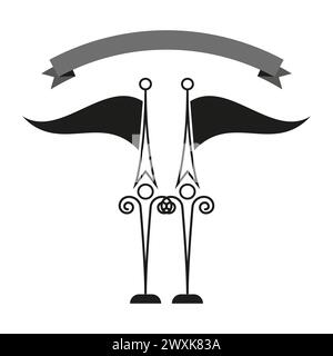 Mittelalterliche Fahne und Schwerter-Emblem. Heraldisches Symboldesign. Ritterwaffen-Insignien. Vektorabbildung. EPS 10. Stock Vektor