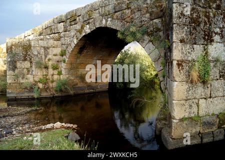 Die alte Brücke, Ponte Velha, römische und mittelalterliche Steinbrücke über den Ponsul Fluss, Idanha-a-Velha, Portugal Stockfoto