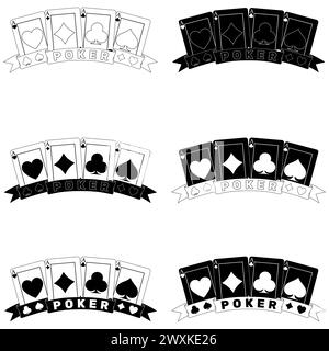 Vektordesign von Pokerkarten mit Bändern, Poker-Symbolen von Herz, Diamant, Klee und Ass Stock Vektor