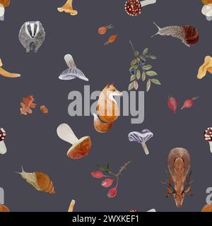 Nahtloses Aquarellmuster im Herbst im Wald von wilden Pflanzen und Tieren auf dunkelgrauem Hintergrund Stockfoto