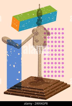 Risograph – antike Bohrstrebe mit geometrischen Formen. Metallwerkzeug zum Bohren von Löchern in trendigem Riso-Grafik-Design mit Geometrieeleme Stock Vektor