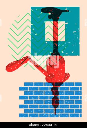 Risograph – antike Bohrstrebe mit geometrischen Formen. Metallwerkzeug zum Bohren von Löchern in trendigem Riso-Grafik-Design mit Geometrieeleme Stock Vektor