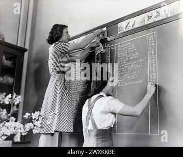 Dieses Foto zeigt zwei Studenten der National Youth Association, während sie eine nationale Vogelliste und Daten für College-Biologiekurse am State Teachers College in Framingham, Massachusetts, erstellen. Mai 1940 Stockfoto