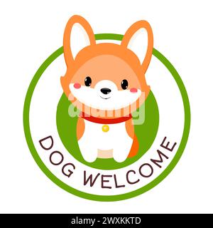Tierfreundliches Vektoretikett. Stempel oder Aufkleber mit hundefreundlichem Text. Kawaii Corgi Welpe im Kreis. Tierarztpraxis, Etikett, Aufkleber. Inschrift Hund Stockfoto