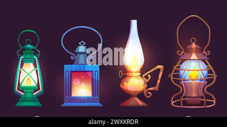 Alte Öl- und Gaslampe mit Flamme. Zeichentrickvektor-Illustration Satz glühender Vintage Kerosin-Laterne. Antike klassische Benzinlampe mit Griff. Tragbare Retro-Lampe für Bergwerke oder Lager mit Feuer. Stock Vektor