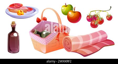 Picknick-Korb mit Speisen, Obst und Wein. Camping-Snack im Sommer oder Mittagessen mit Decke, Brot, Käse und Gemüse. Stock Vektor