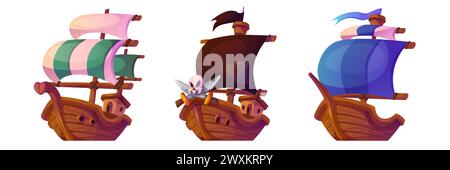 Alte hölzerne Segelboote, isoliert auf weißem Hintergrund. Vektor-Karikaturillustration des Handelsschiffes mit Farbsegeln, Piratenboot mit Schädel und Korsair-Schnitten an Bord, Abenteuer-Spiel-Schiffe Stock Vektor