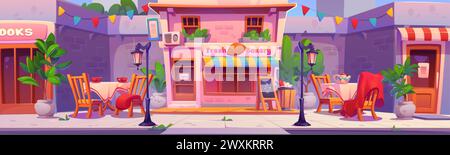 Bäckereifassade mit Tischen und Stühlen im Straßencafé. Cartoon-Stadtlandschaft mit Restaurant draußen - Möbel mit Tasse und Teekanne, Sitze mit Karo, Straßenlaternen und Mülleimer in der Nähe des Eingangs. Stock Vektor