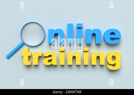 Das Wort Online-Training mit einer Lupe. Aus- und Fortbildungskonzept für Unternehmenstechnologien. Stockfoto