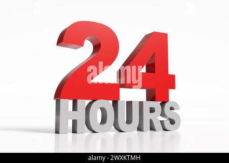 24-Stunden-Schild. Rund um die Uhr geöffnet, Lieferung, Service oder Assistenzkonzepte. 3D-Rendering. Stockfoto