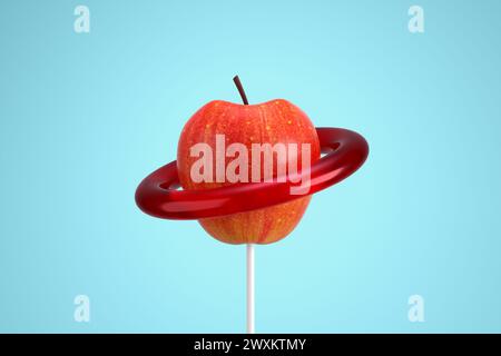 Roter Apfelplanet mit Umlaufbahn auf blauem Hintergrund. Minimaler abstrakter Fruchtgedanke. 3D-Rendering. Stockfoto