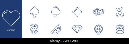 Casino Set Line-Symbol. Anzug, Erdbeere, Wassermelone, Kirsche, Glücksrad, Rolle, Slot, Jackpot. Pastellfarben Hintergrund Vektorzeilensymbol für Busin Stock Vektor