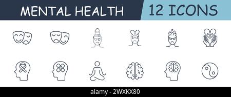 SET Line Symbol für psychische Gesundheit. Unterdrückung von Emotionen, Gehirn, Bewusstsein, Yin Yang, Meditation, Yoga. 12-zeiliges Symbol. Vektorzeilensymbol für Unternehmen und Stock Vektor