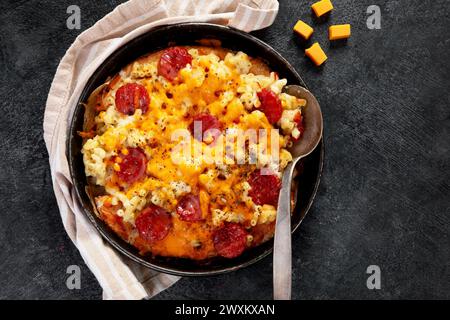 Trendiges Hybrid-Essen. Mac und Käse Pizza auf dunklem Hintergrund. Draufsicht Stockfoto