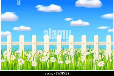 Frühlingsgrünes Gras, Gänseblümchen, weißer Zaun Stock Vektor