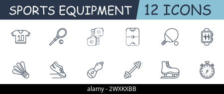 Symbol für Set Line für Sportausrüstung. Handschuhe, Boxen, Tennis, Feld, Stoppuhr, Wasser, Kurzhantel. 12-zeiliges Symbol. Vektorlinien-Symbol für Unternehmen und Werbung Stock Vektor