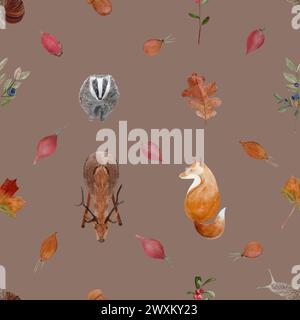 Herbst Wald Wildpflanzen und Tiere nahtlose Aquarellmuster auf gedämpftem Braun Stockfoto