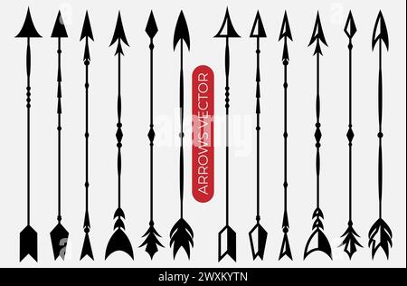 Pfeile große schwarze Set-Symbole. Symbol für Freihand-Pfeil. Pfeilvektorsammlung. Vintage und moderne Pfeile. Vektor eps 10. Stock Vektor