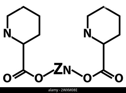 Symbol für molekularchemische Formel des Zinkpikolinats. Infografik-Schild aus Zink. Chemische Struktur des Symbols Zinkpikolinat (C12H8N2O4Zn). Flacher STYLE. Stockfoto