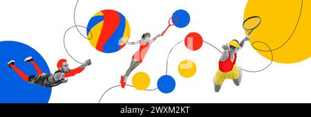 Banner. Zeitgenössische Kunstcollage. Tennis und Volleyball. Sportler im Bewegungstraining mit abstrakt gezeichneten geometrischen Formen. Stockfoto