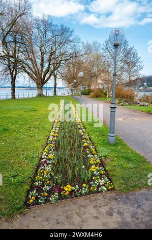 Bregenz, Österreich - 15. März 2024: Park und Promenade am Bodensee in Bregenz Stockfoto