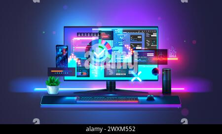 PC-Computer, Tastatur, Maus auf dem Schreibtisch in einem dunklen Raum mit abstrakten Schnittstellen auf dem Bildschirm. Computertechnikkonzept. Desktop-Gaming-Computer, Vorderansicht Stock Vektor