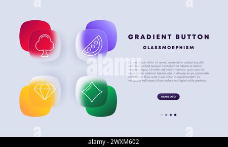 Obst, Karten-Symbol-Set. Kreuz, Tamburin, Wassermelone, Knochen, Diamant, gewinnen, Casino, Kartenanzüge, Verlaufsknopf, flaches Design. Glücksspielkonzept. Glassm Stock Vektor