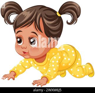 Niedliches illustriertes Mädchen, das in gelben Pyjamas krabbelt Stock Vektor