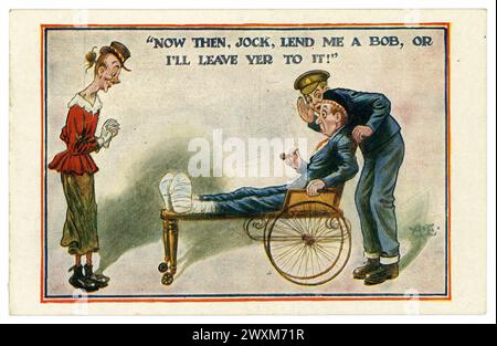 Original Comic-Postkarte aus der Zeit des 1. Weltkriegs, in der ein behinderter schottischer Mann im Rollstuhl mit einer verzweifelten alleinstehenden Frau konfrontiert ist. Rund zwei Millionen kamen nach Großbritannien aus dem Ersten Weltkrieg mit einer gewissen Behinderung. Datiert/veröffentlicht am 22. September 1919, Großbritannien Stockfoto