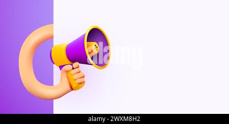 3D Hand hält Megaphon Lautsprecher oder Lautsprecher Bullhorn für Ankündigung. Werbung für soziale Medien. Vektorgrafik. Stock Vektor