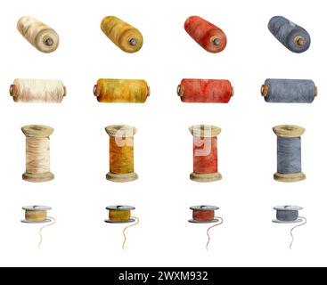 Hand gezeichnet Aquarell Illustration Nähen Handwerk Stickerei Stitching Zubehör. Fadenkugeln Spulen spulen Garn. Gruppe von Objekten, die auf weiß isoliert sind Stockfoto